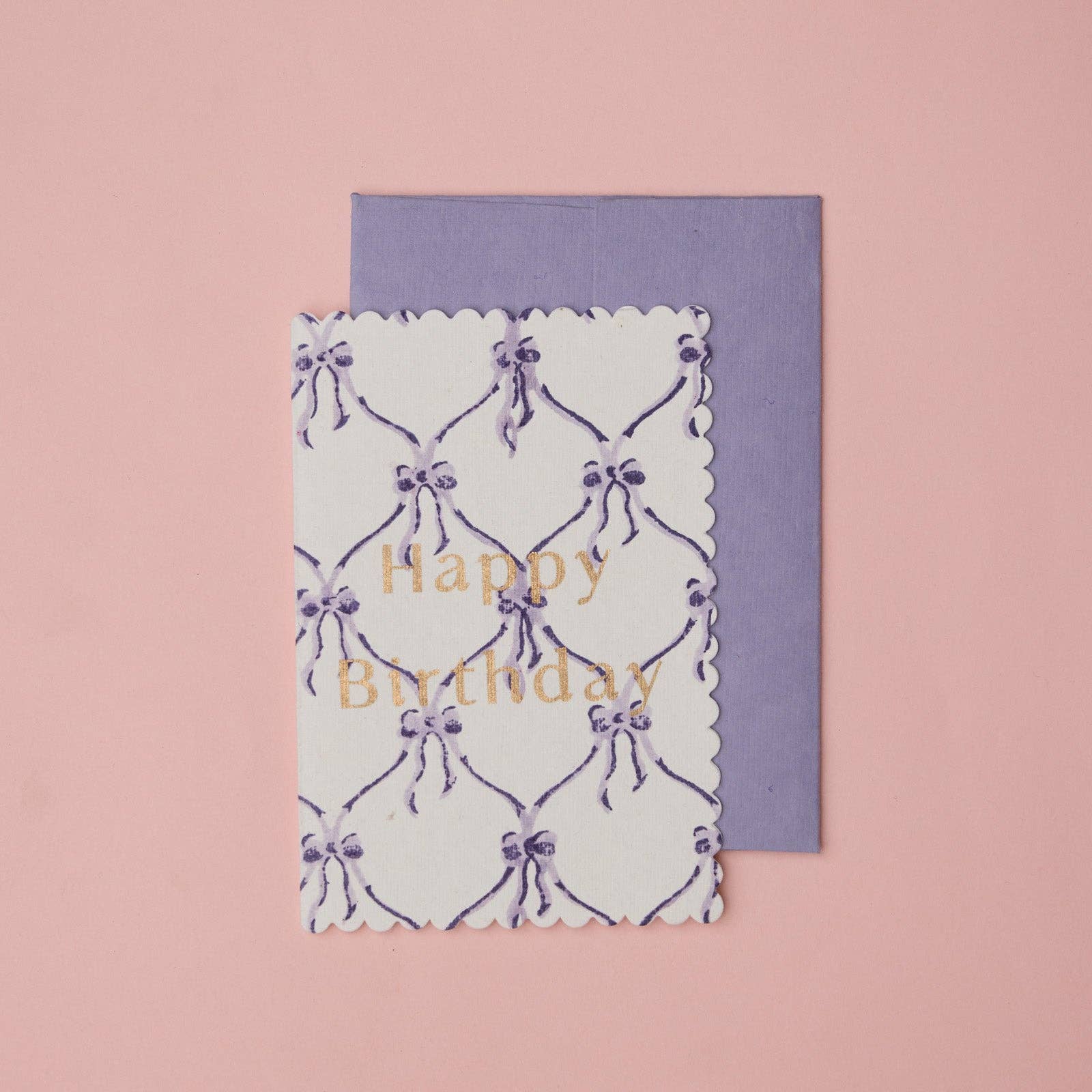 'Happy Birthday' Block Printed Greeting Card | Bows Violet Meringue