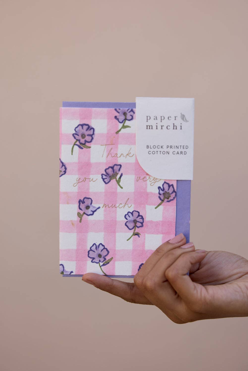 'Thank You' Block Printed Greeting Card | Gingham Violet Meringue