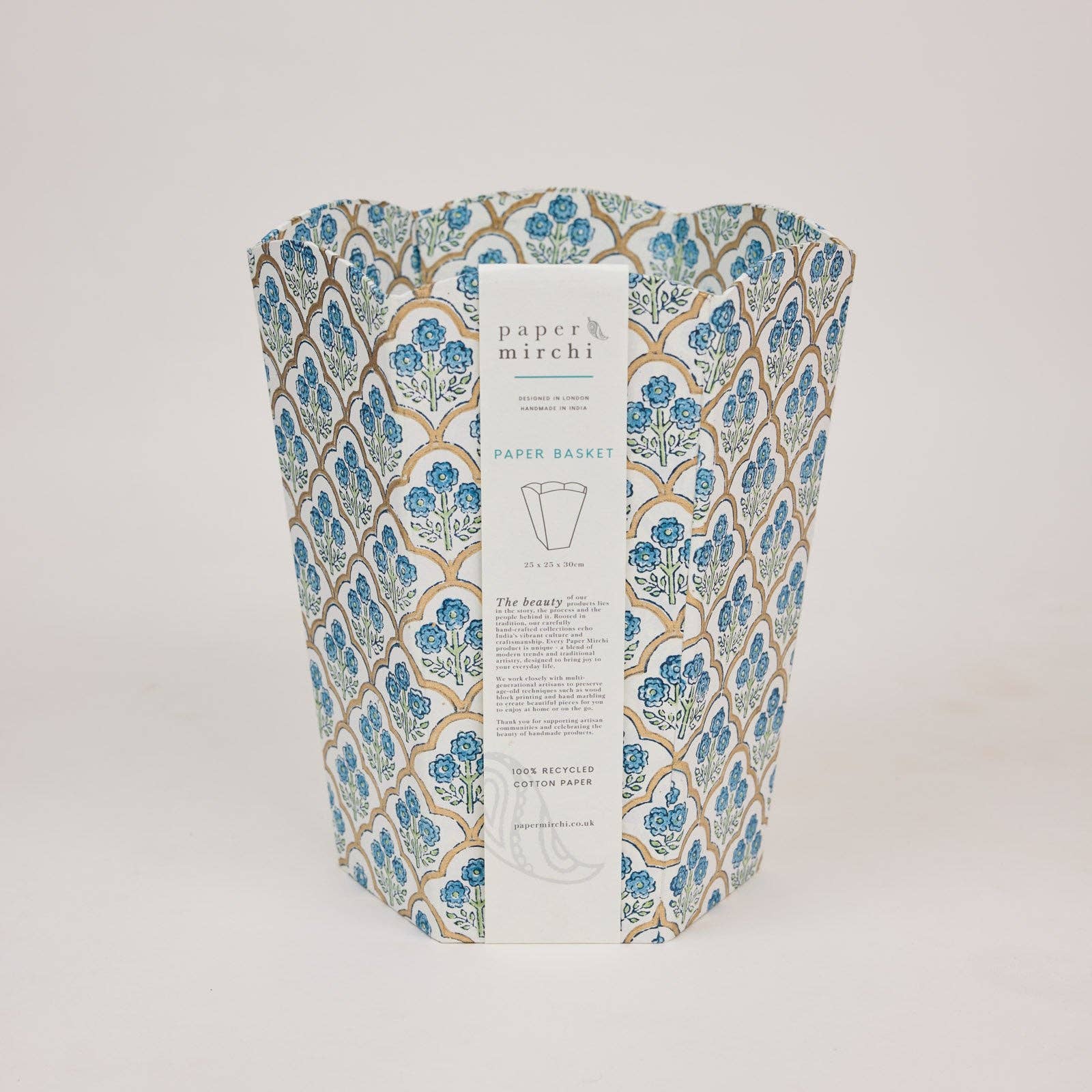Block Printed Waste Paper Basket | Trellis Indigo