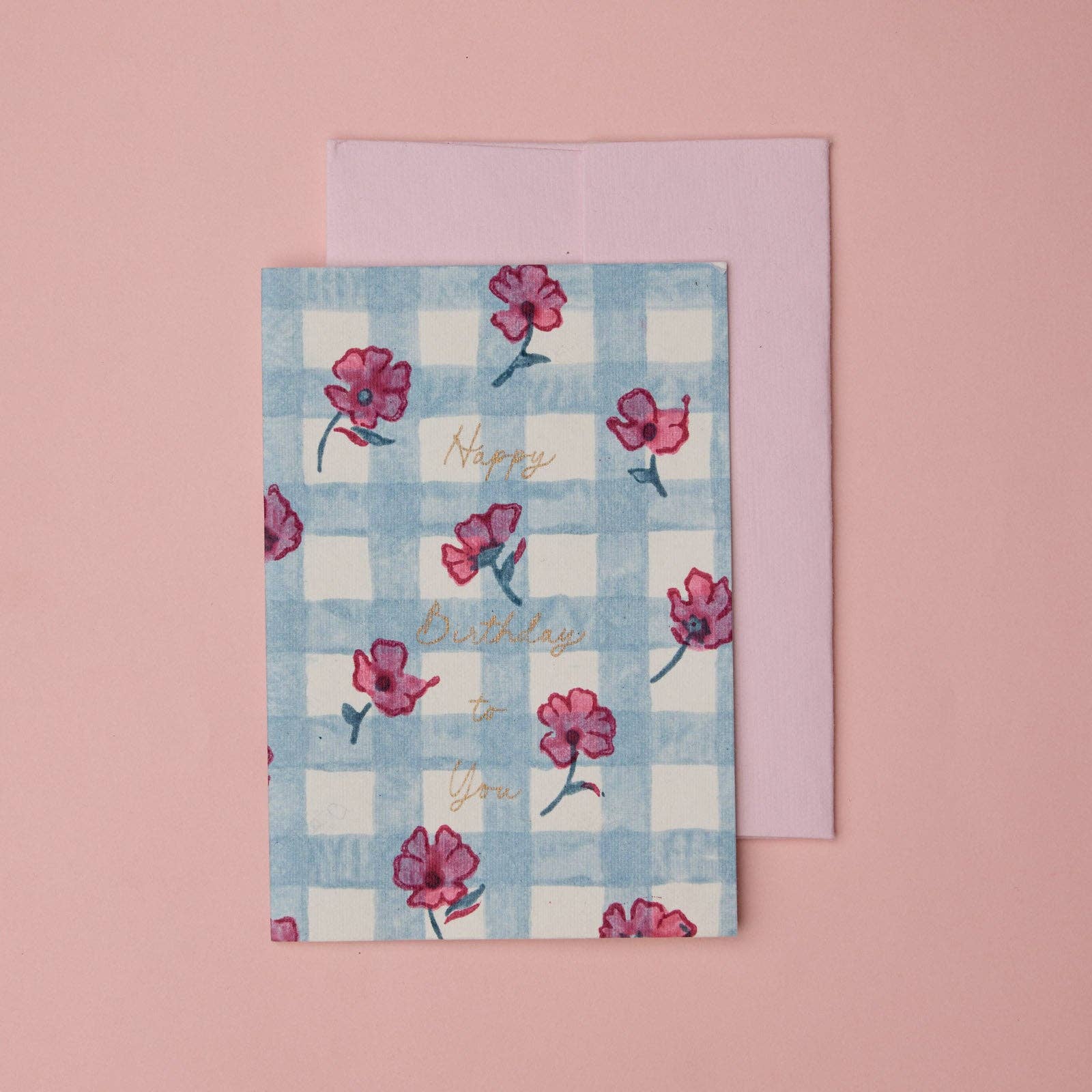 'Happy Birthday' Block Printed Greeting Card | Gingham Pink Sorbet