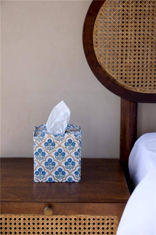 Block Printed Tissue Box - Trellis Indigo