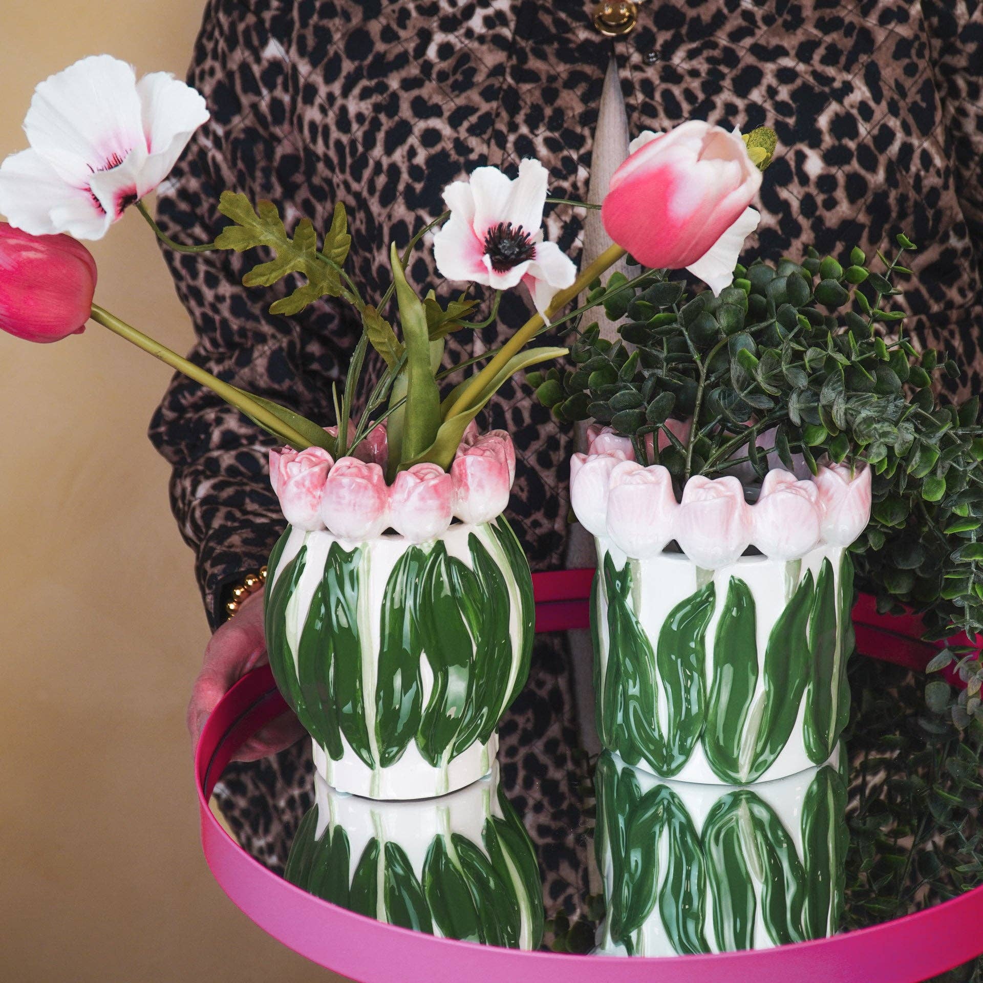 Tulips Vase | Light Pink & Green | Straight Sides