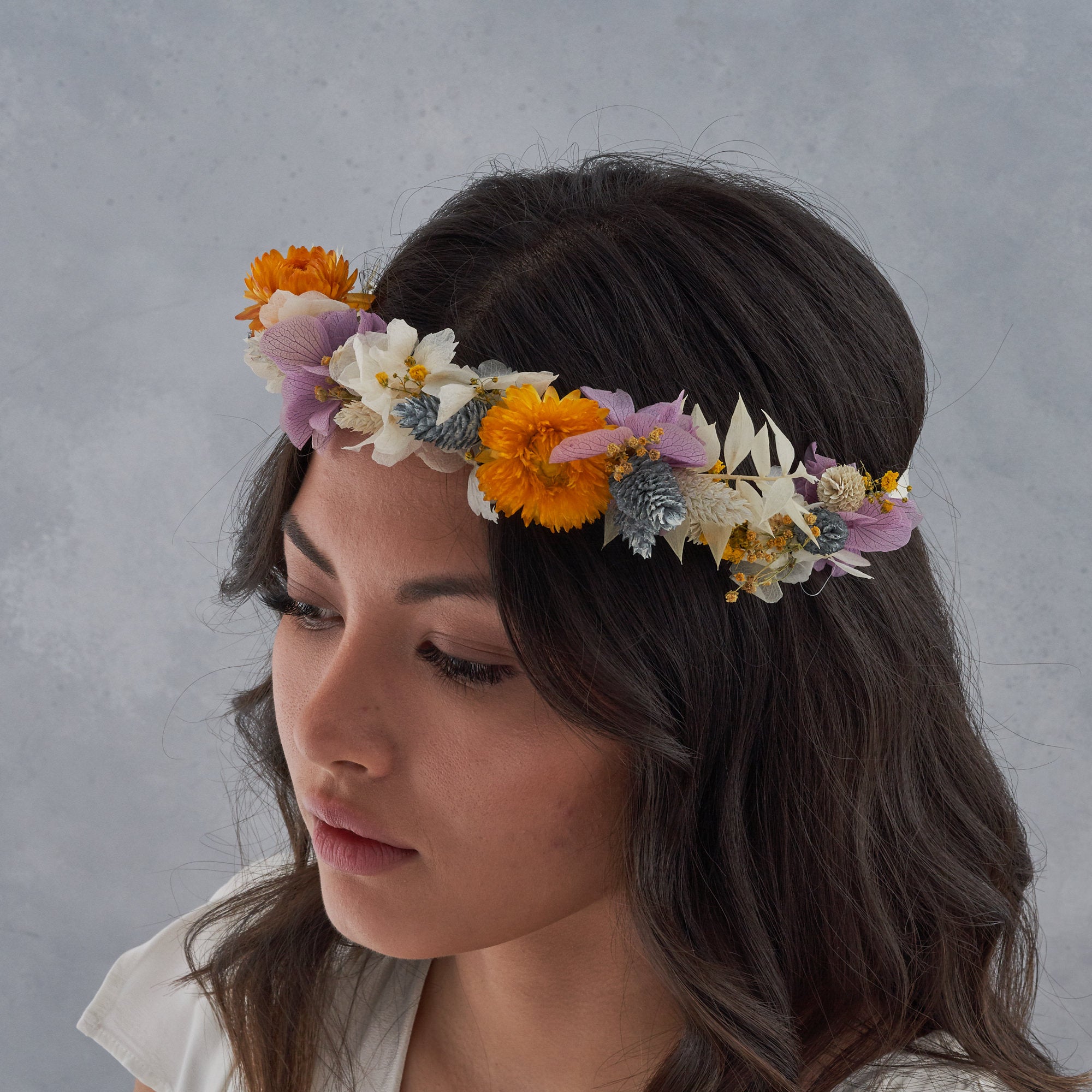 Dried flower crown : dusty lilac and sunshine yellow